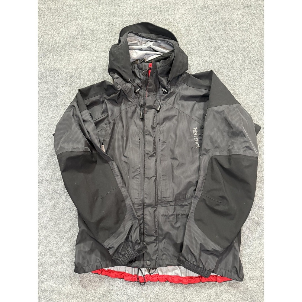 Marmot Jacket Mens XL Black Pinstripe Hooded Full Zip Windbreaker Outdoor